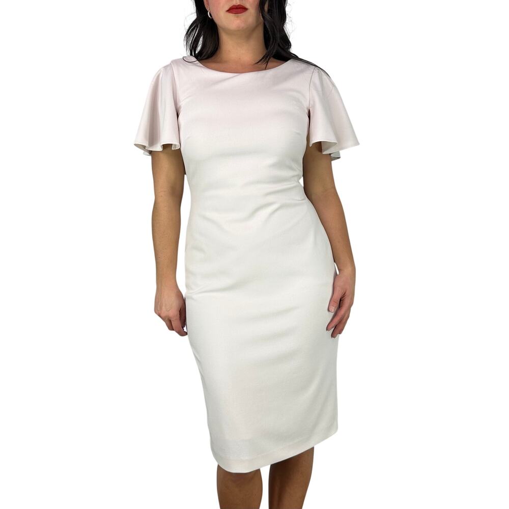 Calvin Klein Off White Flutter Cape Sleeve Sheath Dress